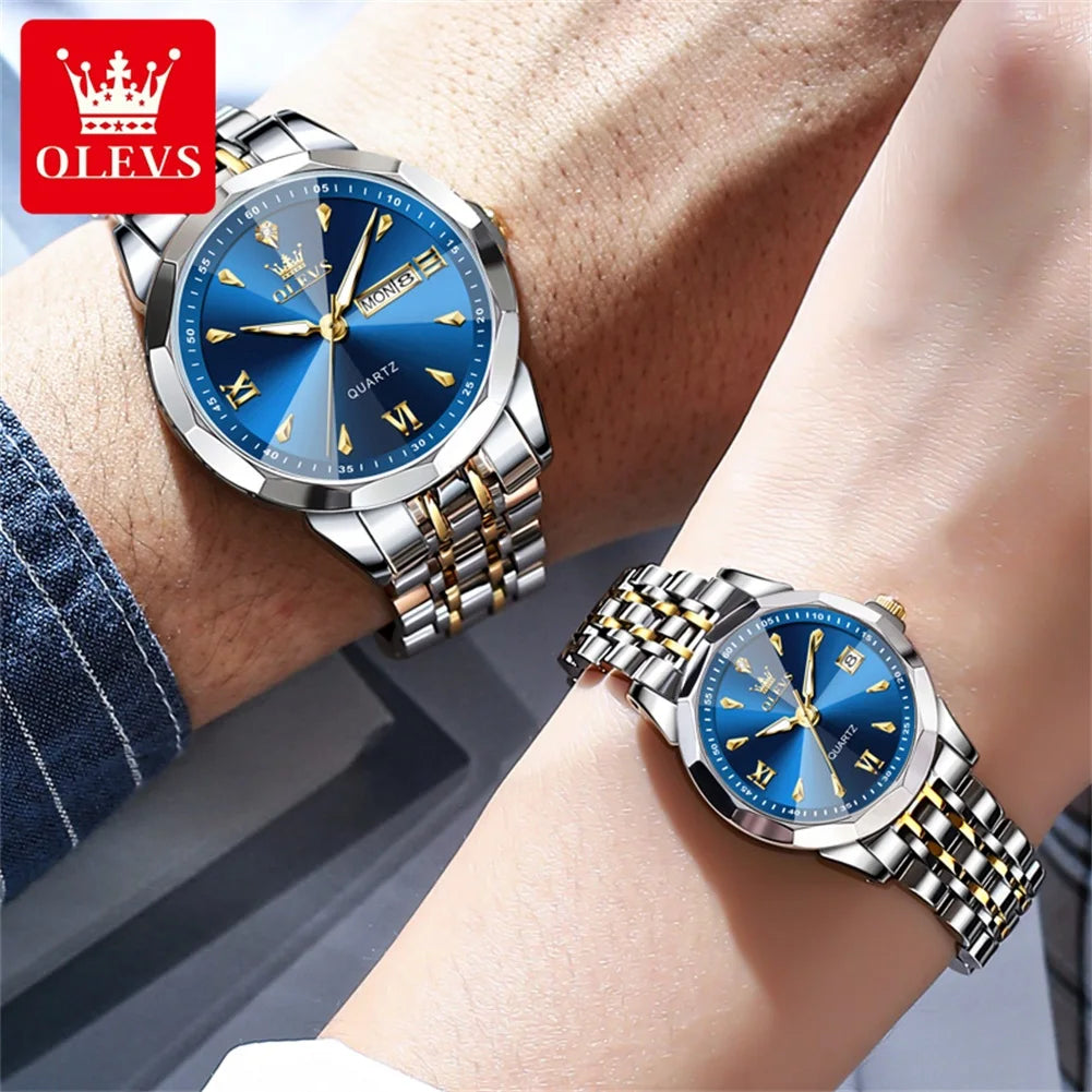 OLEVS 9998 Couple Watch Luxury Men Women Quartz Watch Dual Calendar Clock Waterproof Men's Women's Dating Couple Watch Set Gift