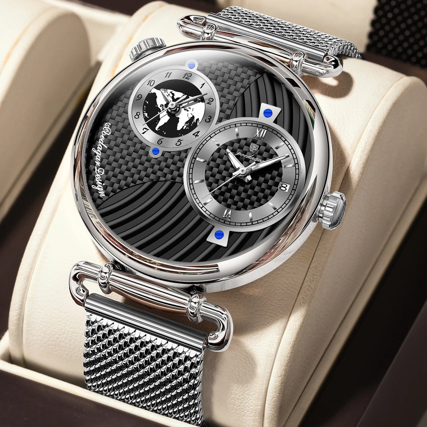 POEDAGAR Fashion Man Clock Dual Time Zone Display Waterproof Date Men Watch Sports Mesh Stainless Steel Men's Quartz Watches+Box