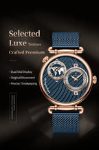POEDAGAR Fashion Man Clock Dual Time Zone Display Waterproof Date Men Watch Sports Mesh Stainless Steel Men's Quartz Watches+Box