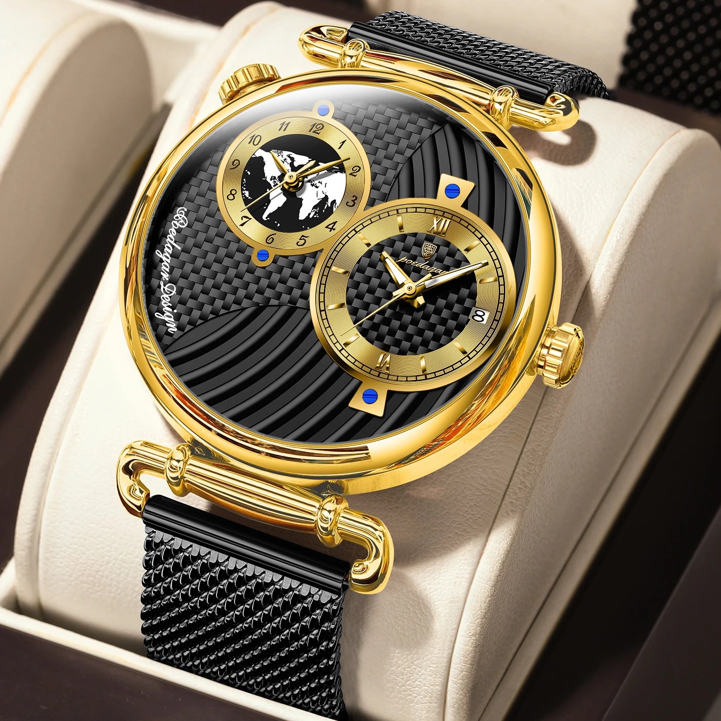 POEDAGAR Fashion Man Clock Dual Time Zone Display Waterproof Date Men Watch Sports Mesh Stainless Steel Men's Quartz Watches+Box