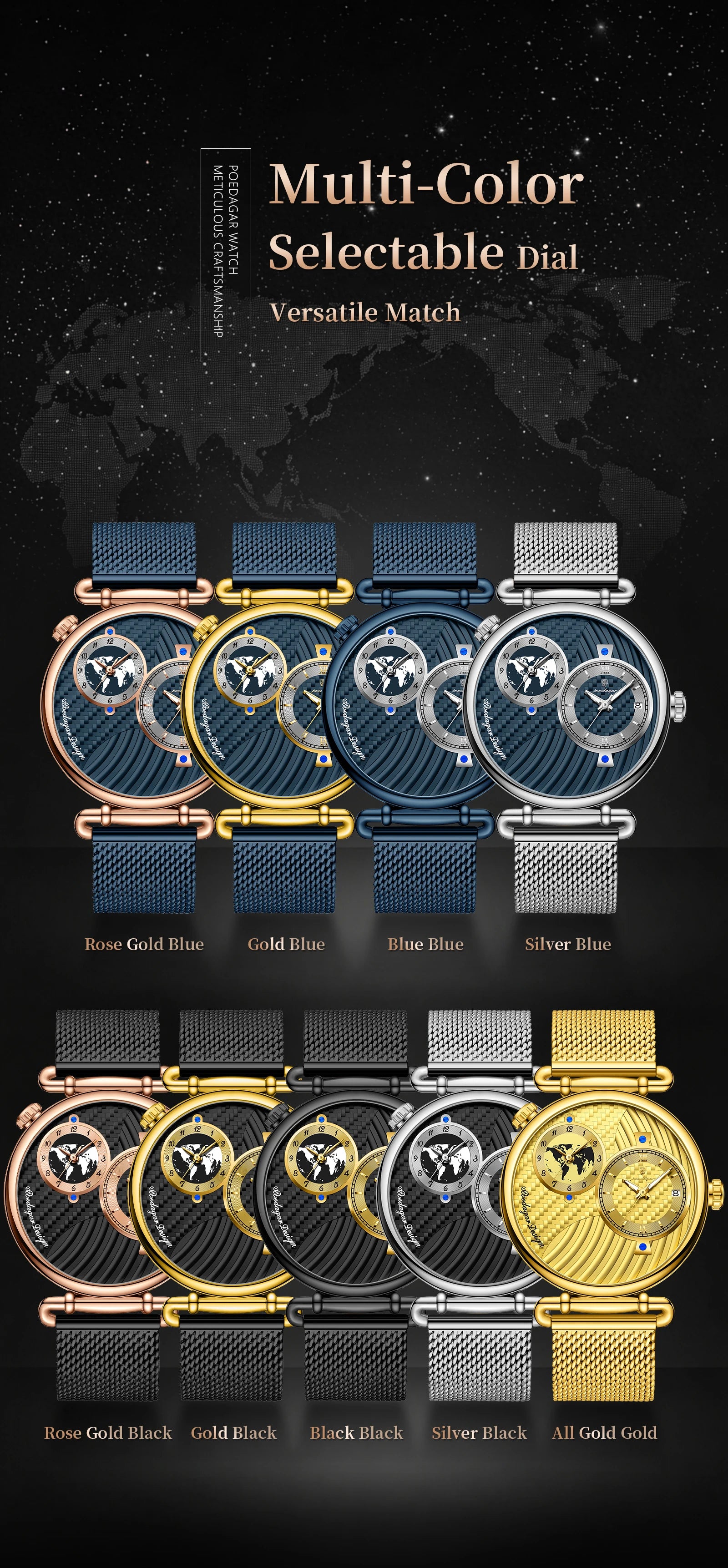 POEDAGAR Fashion Man Clock Dual Time Zone Display Waterproof Date Men Watch Sports Mesh Stainless Steel Men's Quartz Watches+Box