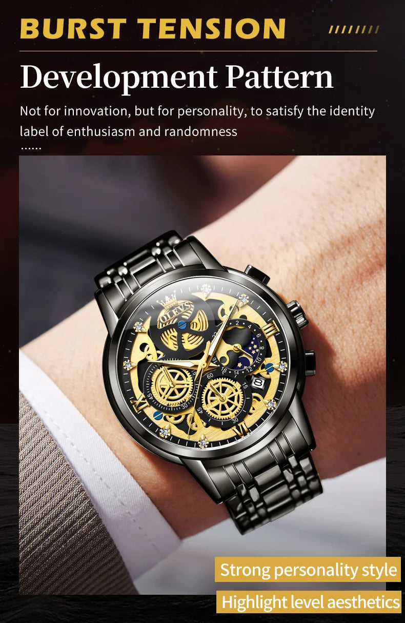 OLEVS 9947 Men's Watches Top Brand Luxury Original Waterproof Quartz Watch for Man Gold Skeleton Style 24 Hour Day Night New