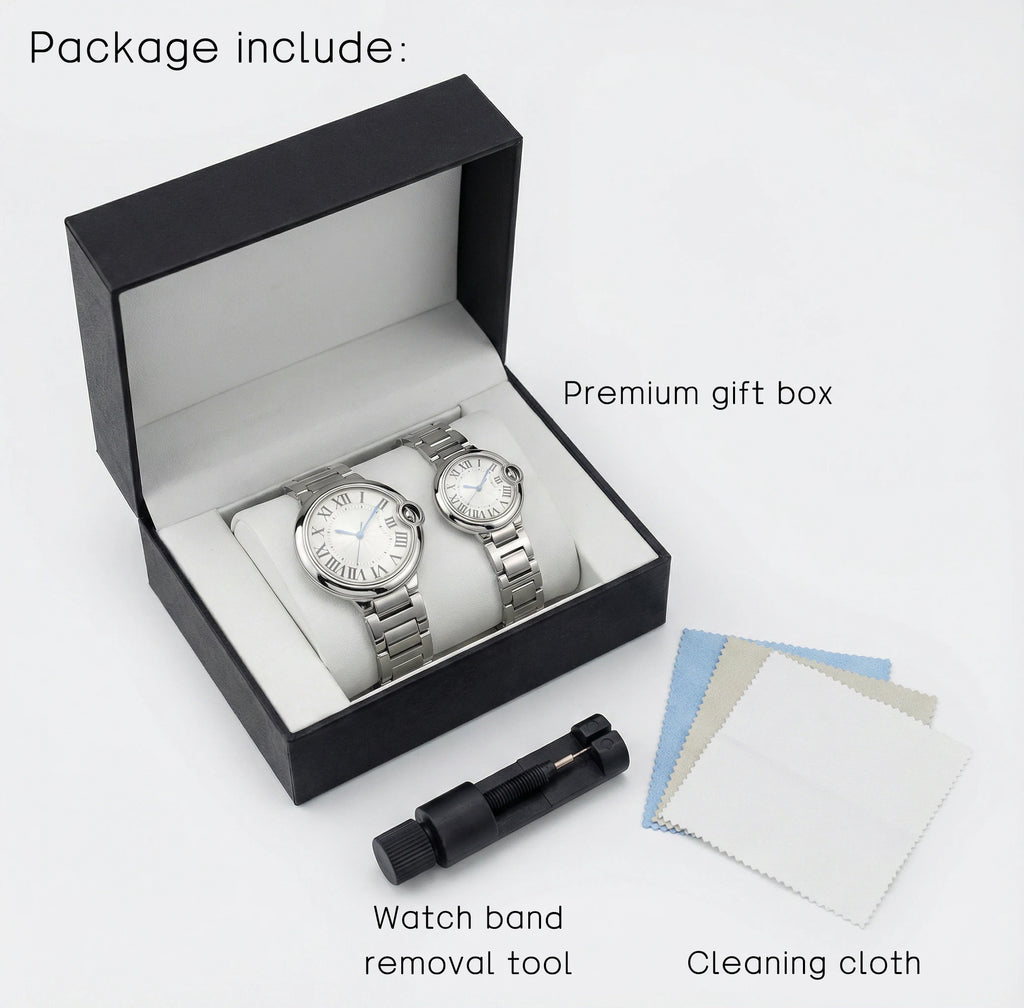 Couple Quartz Watches for Men Women Stainless Steel Roman Numeral Dial Wristwatch Waterproof Matching Watch Set with Gift Box
