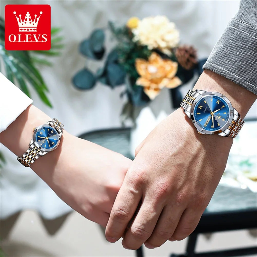 OLEVS 9998 Couple Watch Luxury Men Women Quartz Watch Dual Calendar Clock Waterproof Men's Women's Dating Couple Watch Set Gift