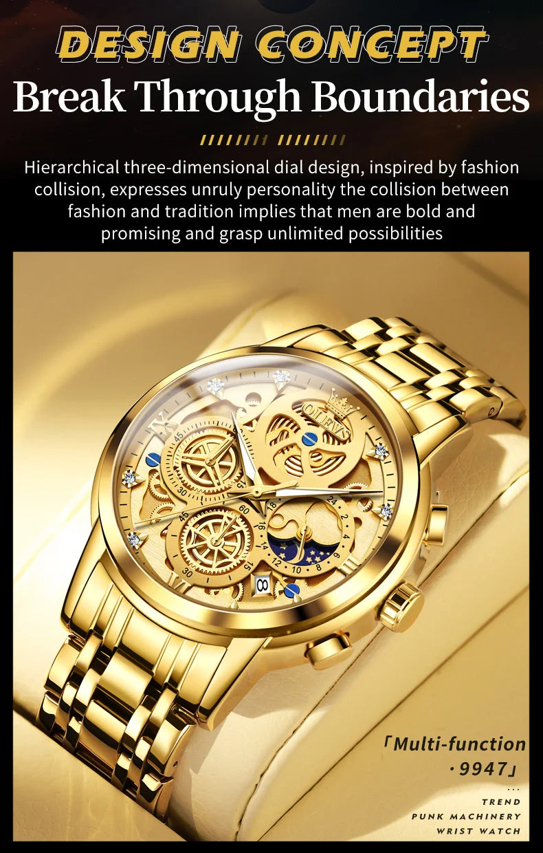 OLEVS 9947 Men's Watches Top Brand Luxury Original Waterproof Quartz Watch for Man Gold Skeleton Style 24 Hour Day Night New