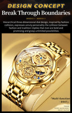OLEVS 9947 Men's Watches Top Brand Luxury Original Waterproof Quartz Watch for Man Gold Skeleton Style 24 Hour Day Night New