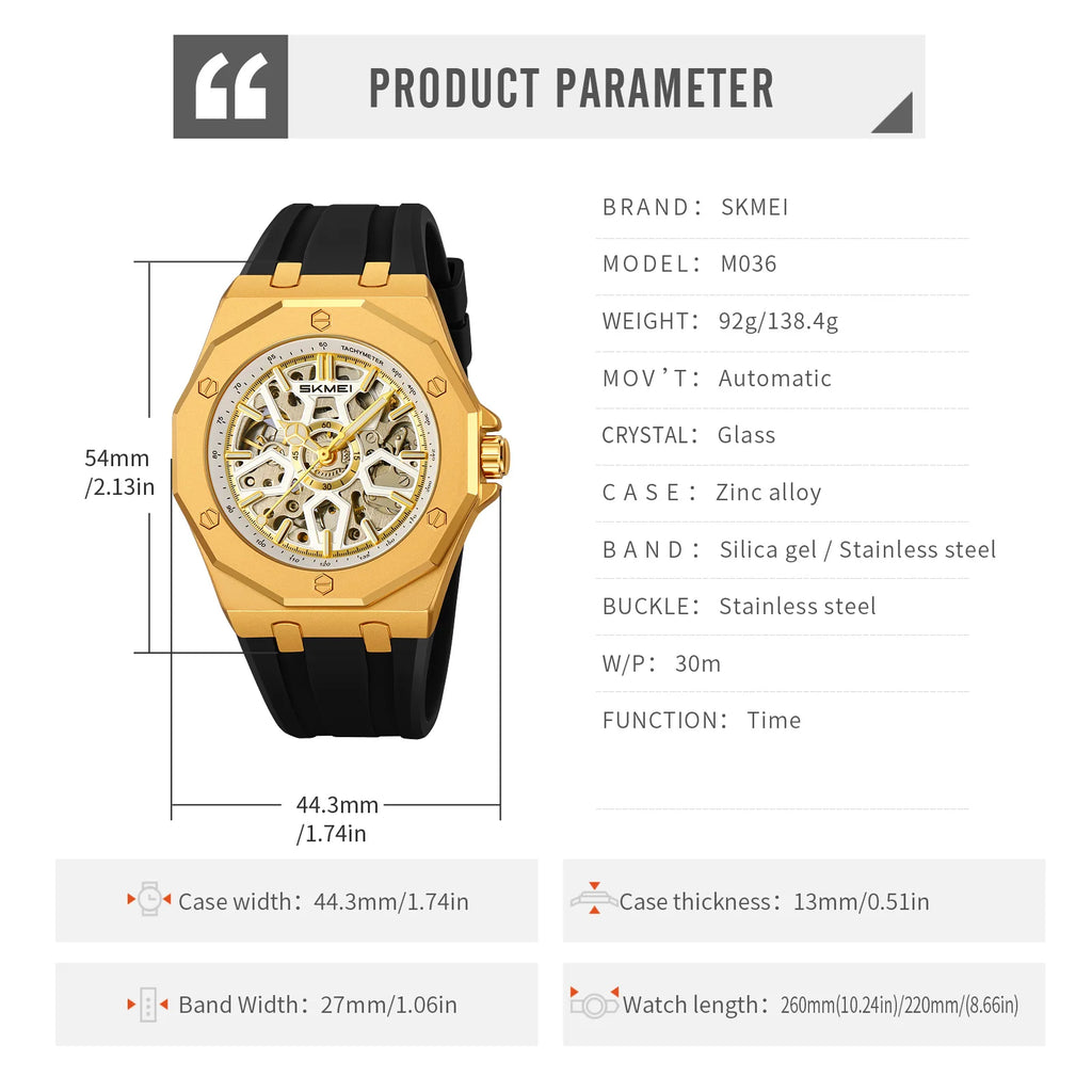 SKMEI M036 Movement Mens Casual Alloy Watches Movement Waterproof Mens Wristwatches Week Display Male Clock Luxury Mechanical