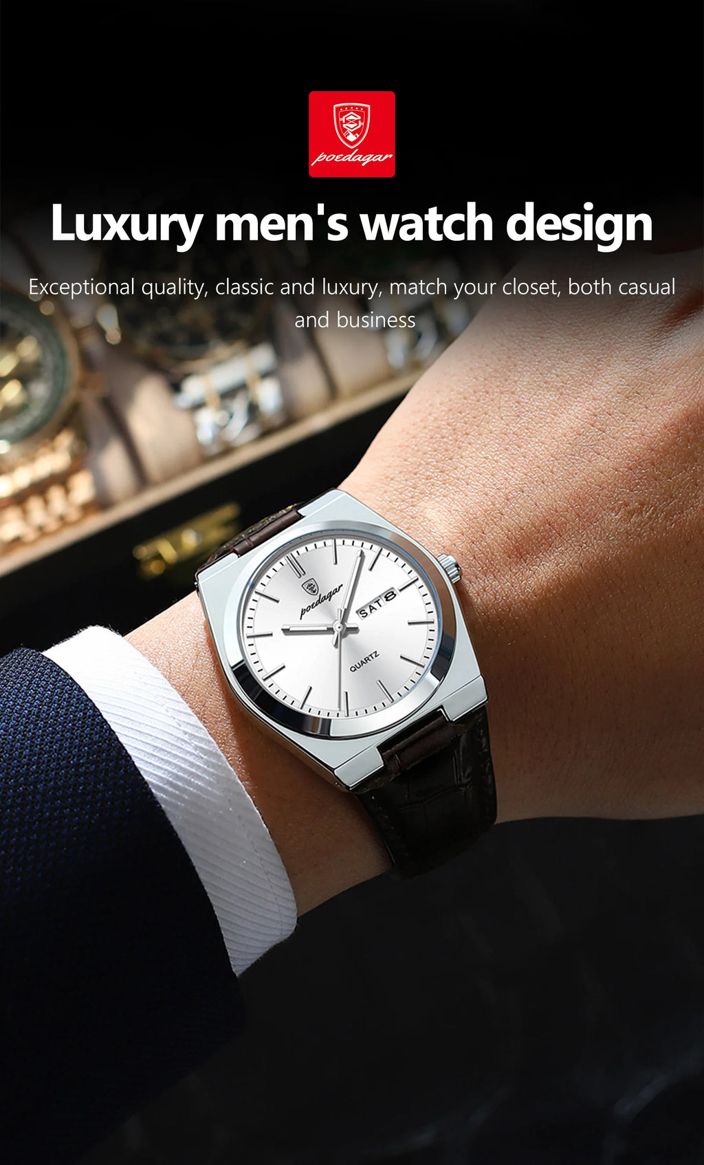 POEDAGAR Top Fashion Casual Men Watch Waterproof Luminous Date Week Man Wristwatch Outdoor Leather Business Men's Quartz Watches