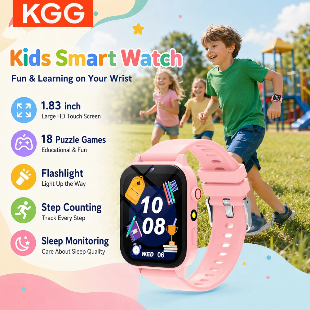 Kids Smart Watch 1.83" HD Screen Built-in 18 Games HD Camera Flashlight Sleep Monitor Alarm Clock Children Gift for Boys & Girls