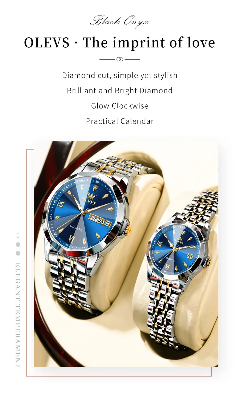 OLEVS 9998 Couple Watch Luxury Men Women Quartz Watch Dual Calendar Clock Waterproof Men's Women's Dating Couple Watch Set Gift