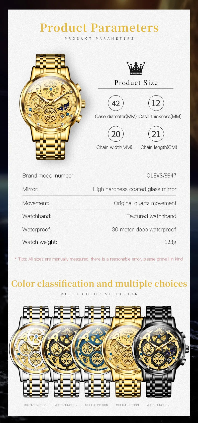 OLEVS 9947 Men's Watches Top Brand Luxury Original Waterproof Quartz Watch for Man Gold Skeleton Style 24 Hour Day Night New